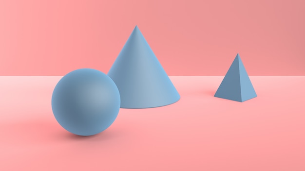 Foto escena abstracta de formas geométricas. bola, cono y pirámide azul. luz ambiental suave en escena 3d con superficie rosa suave