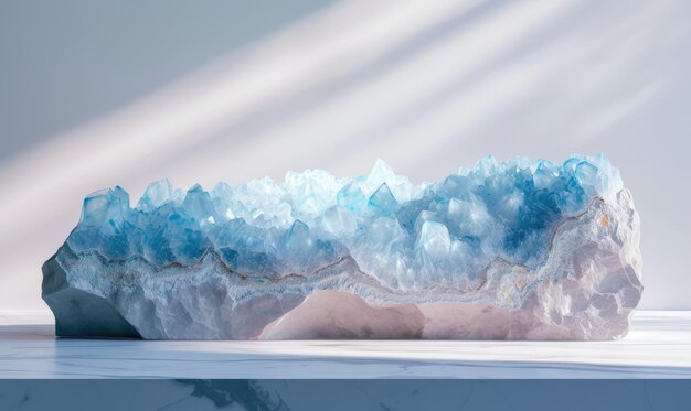Foto escena abstracta minimalista con podio de mármol y geoda azul en el fondo