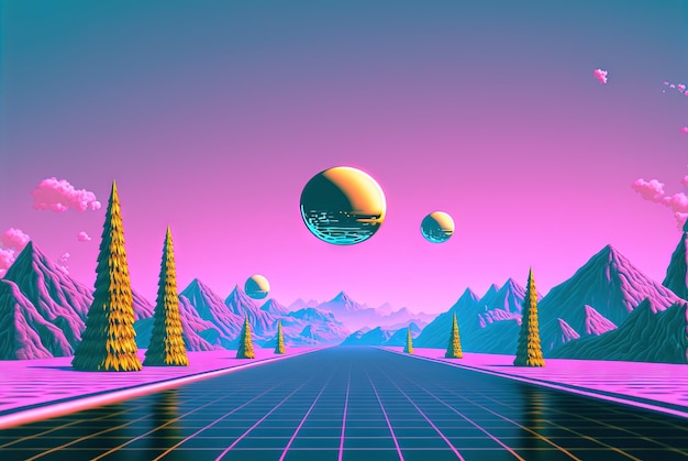 Escena abstracta de ondas de vapor con balón dorado en el paisaje con montañas Composición surrealista rosa y azul estilo años 80 AI generada