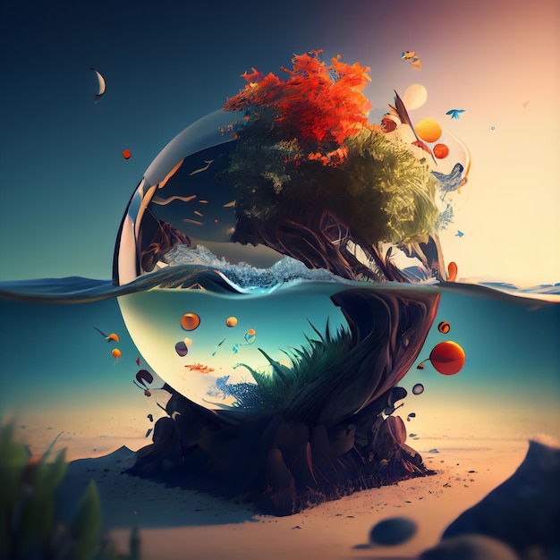 Escena abstracta con un planeta en el agua 3D Render