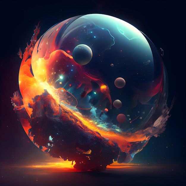 Escena abstracta con planeta y fuego en el espacio ilustración 3d