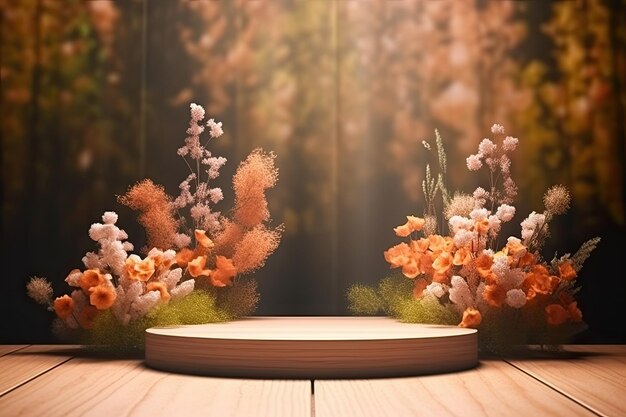 Una escena abstracta con podio de escenario de producto de formas geométricas sobre un fondo colorido con flores