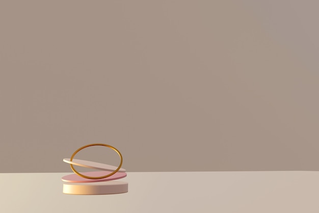 Escena abstracta con podios de levitación geométricos y anillo dorado sobre mesa beige. Cuadro abstracto. Render 3d