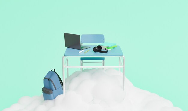 Escena abstracta de un pupitre con laptop, mochila, auriculares y libros en una nube. volver al concepto de escuela. Render 3d