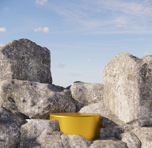 Escena del acantilado de piedra con podio para exhibir productos.