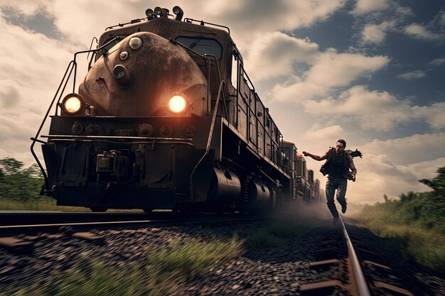 Foto escena de acción con un hombre saltando del tren escena dinámica con un vagón de tren en el estilo de una película de éxito de taquilla generada por ia