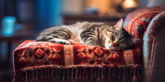 Escena acogedora e invitante con un gato acurrucado en una manta suave durmiendo pacíficamente y disfrutando de un momento de relajación y tranquilidad en el Día Internacional del Gato IA generativa