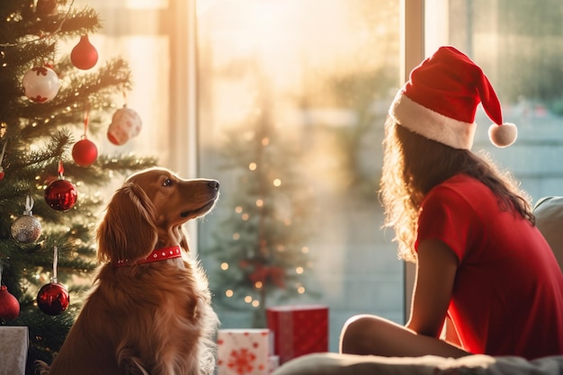 Escena acogedora de Navidad con una mujer y su perro frente a un árbol decorado AI Generado contenido