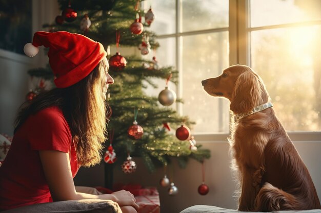 Foto escena acogedora de navidad con una mujer y su perro frente a un árbol decorado ai generado contenido