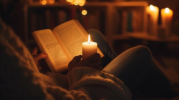 Una escena acogedora de una persona leyendo un libro a la luz de las velas