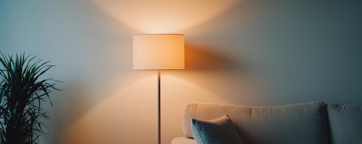 escena acogedora de la sala de estar con una elegante lámpara de piso que arroja luz cálida contra la pared complementada por un cómodo sofá y un ambiente de plantas decorativas es acogedor y sereno