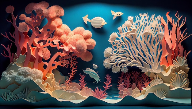 Escena de acuario cortada en papel con peces y corales ai generativo