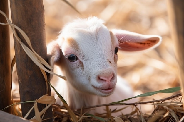 Foto escena adorable cabra bebé jugando con la valla de bambú en la granja