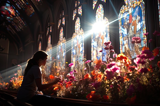 Escena de adoración en iglesia con coro y pastor generativo IA