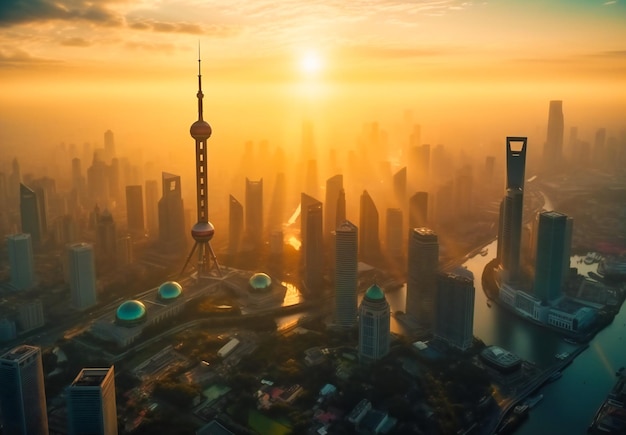 Una escena aérea de la ciudad de shanghai al atardecer