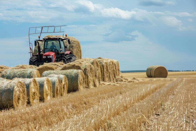 Escena agrícola con un tractor recogiendo balas de heno en un vasto campo