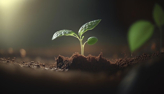 Una escena de agricultura y crecimiento de plantas se establece contra un telón de fondo verde borroso ai generativo