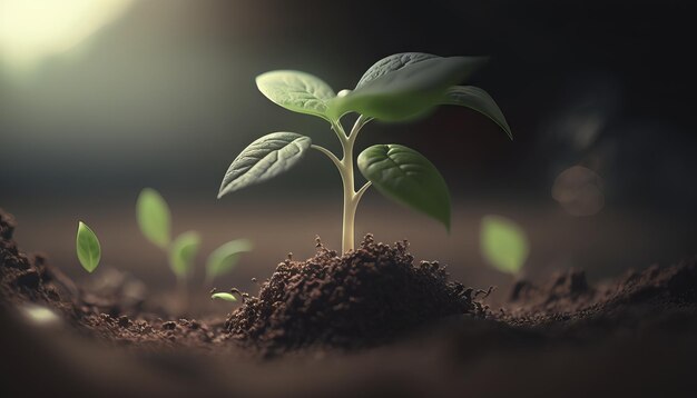 Una escena de agricultura y crecimiento de plantas se establece contra un telón de fondo verde borroso ai generativo