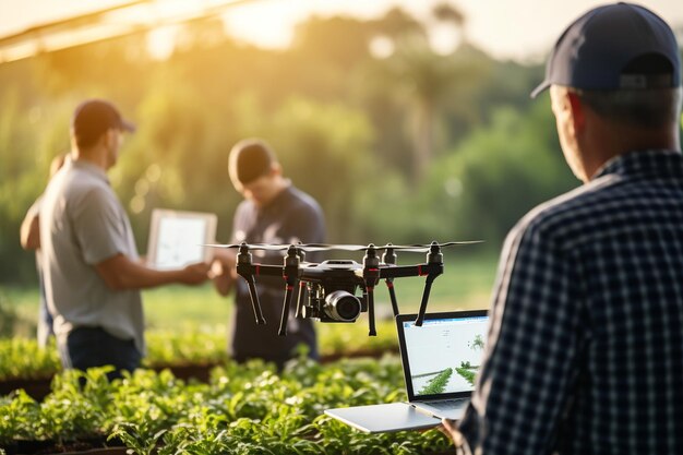 Foto escena de agricultura inteligente con drones y análisis de datos en la agricultura digital