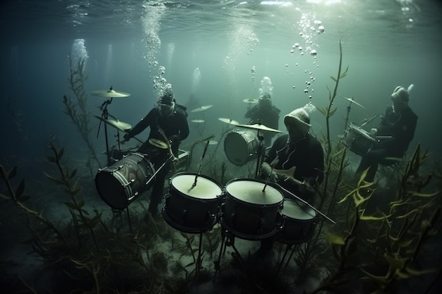 Escena bajo el agua con bateristas