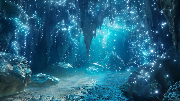 escena bajo el agua con cueva bajo el agua y cueva debajo del agua con luz brillando a través del agua