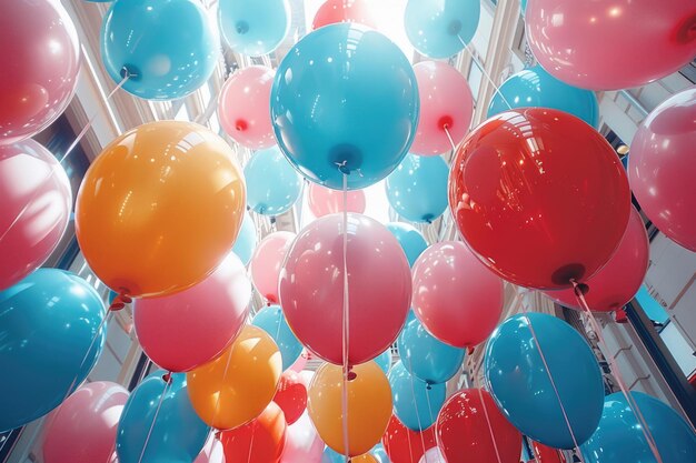 Una escena alegre con globos de colores llenando el aire alrededor del sujeto