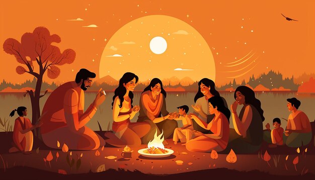 una escena alegre de Lohri con familias reunidas alrededor de la hoguera