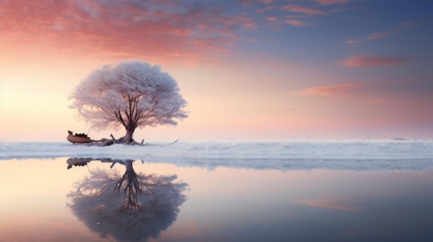 la escena alentadora de un paisaje blanco con un cerezo en un lago