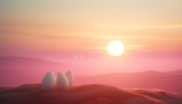 una escena de amanecer de Pascua en 3D en un estilo minimalista