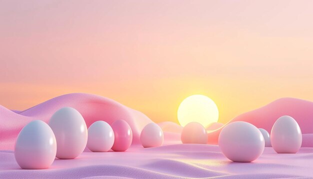 una escena de amanecer de Pascua en 3D en un estilo minimalista