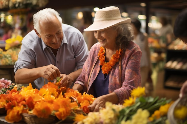 Una escena de amor duradero mientras una pareja de ancianos admira la miríada de flores en la tienda Generative Ai