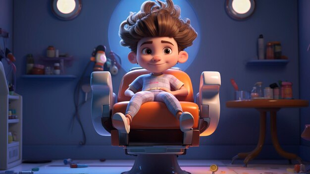 Escena animada con un personaje infantil en una silla de barbero