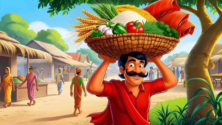 Una escena animada en un pueblo indio rural en primer plano una granja de bigotes sanos
