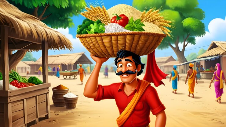 Una escena animada en un pueblo indio rural en primer plano una granja de bigotes sanos