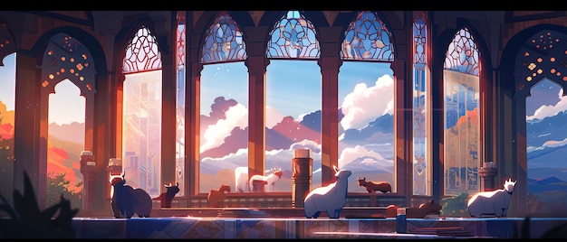 escena de anime de un castillo con una gran ventana y un gato