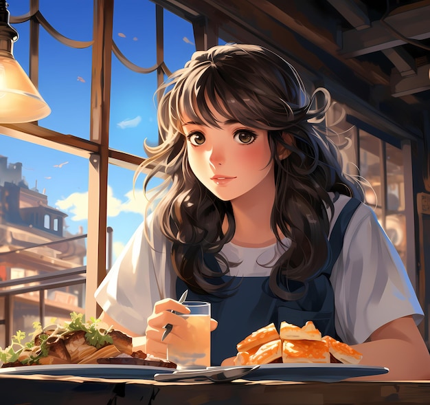 Escena de anime de una chica comiendo en un restaurante mirando la cámara de arte digital.