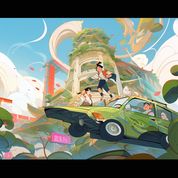Escena de anime de un coche con personas montadas en él en una ciudad generativa ai