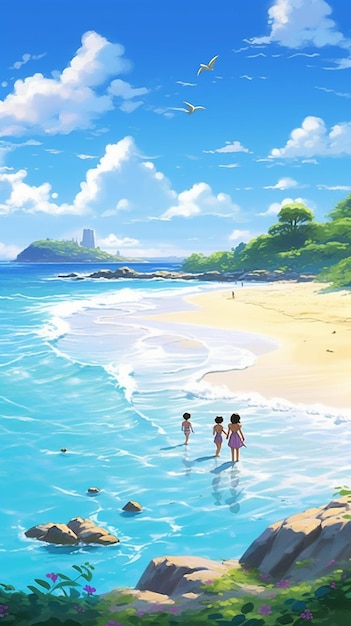 escena de anime de dos niños caminando por la playa con un pájaro volando por encima generativo ai