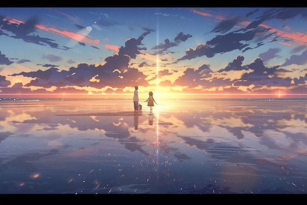 Escena de anime de dos personas caminando en una playa al atardecer ai generativo