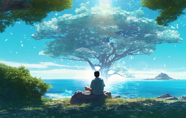 escena de anime de un hombre sentado en una roca frente a un árbol generativo ai