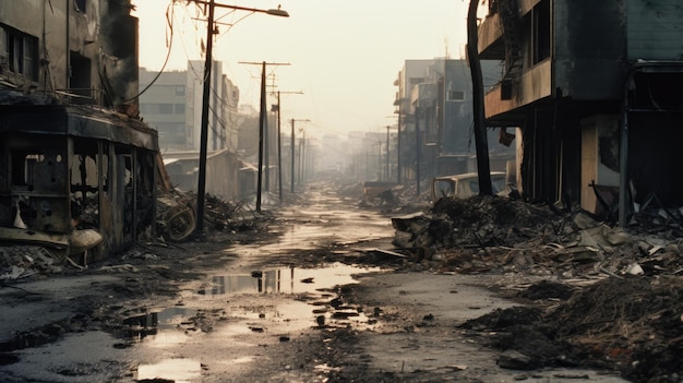 Escena apocalíptica Calle de la ciudad quemada sin vida