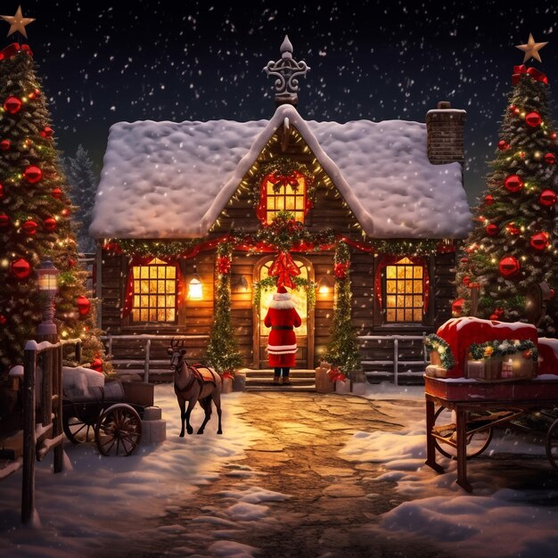 Escena del árbol de Navidad en el pueblo de invierno3d renderización para ideas de tarjetas postales de Navidad
