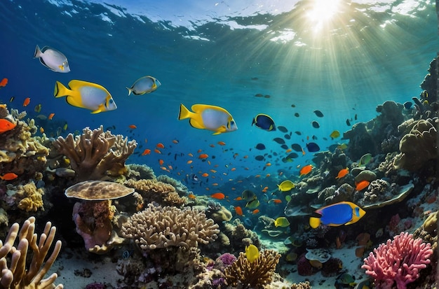 Escena de arrecifes submarinos con diversas especies de peces
