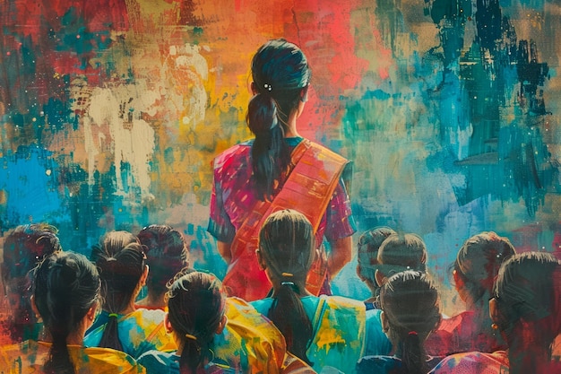 Escena de arte tradicional colorida con mujer en sari y espectadores Pintura cultural vibrante