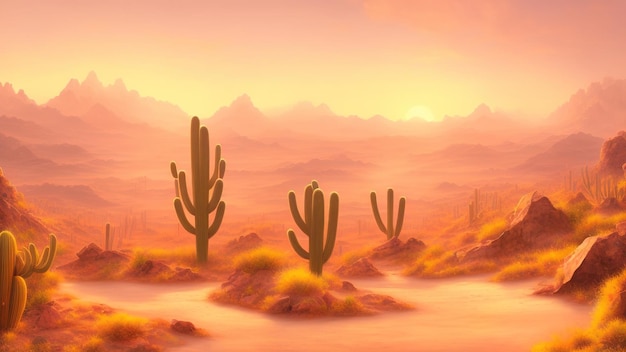 Escena del atardecer en el desierto con cactus