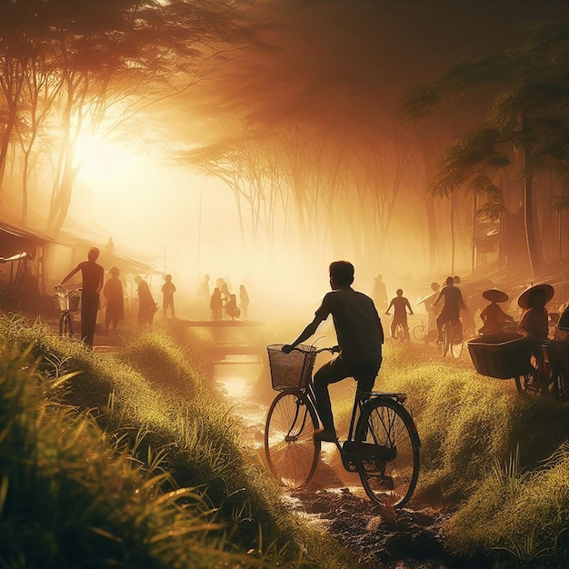 Foto escena del atardecer de niños pequeños de granja en bicicleta y adultos cultivando la vista del atardecer