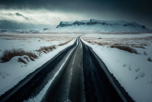 Una escena aterradora de un camino rural sin pavimentar en Islandia que atraviesa campos cubiertos de nieve