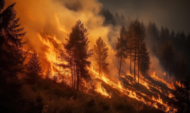 Escena aterradora de un incendio forestal que arde en el bosque de la montaña Creación con herramientas de IA generativa