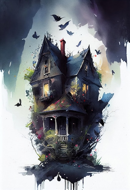 Escena aterradora oscura con casa embrujada pintada con acuarela a mano AI generativa