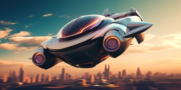 Escena atmosférica con un auto volador futurista surcando el cielo